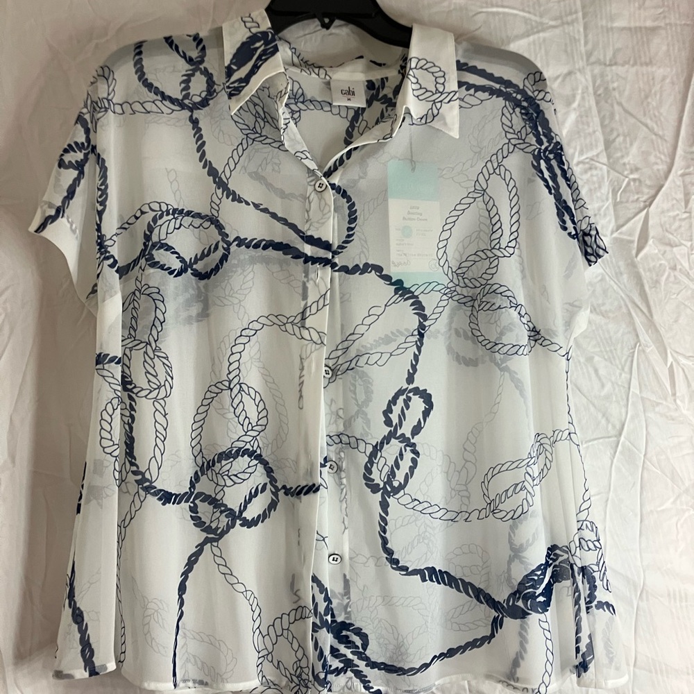 CAbi White and Blue Rope Print Blouse